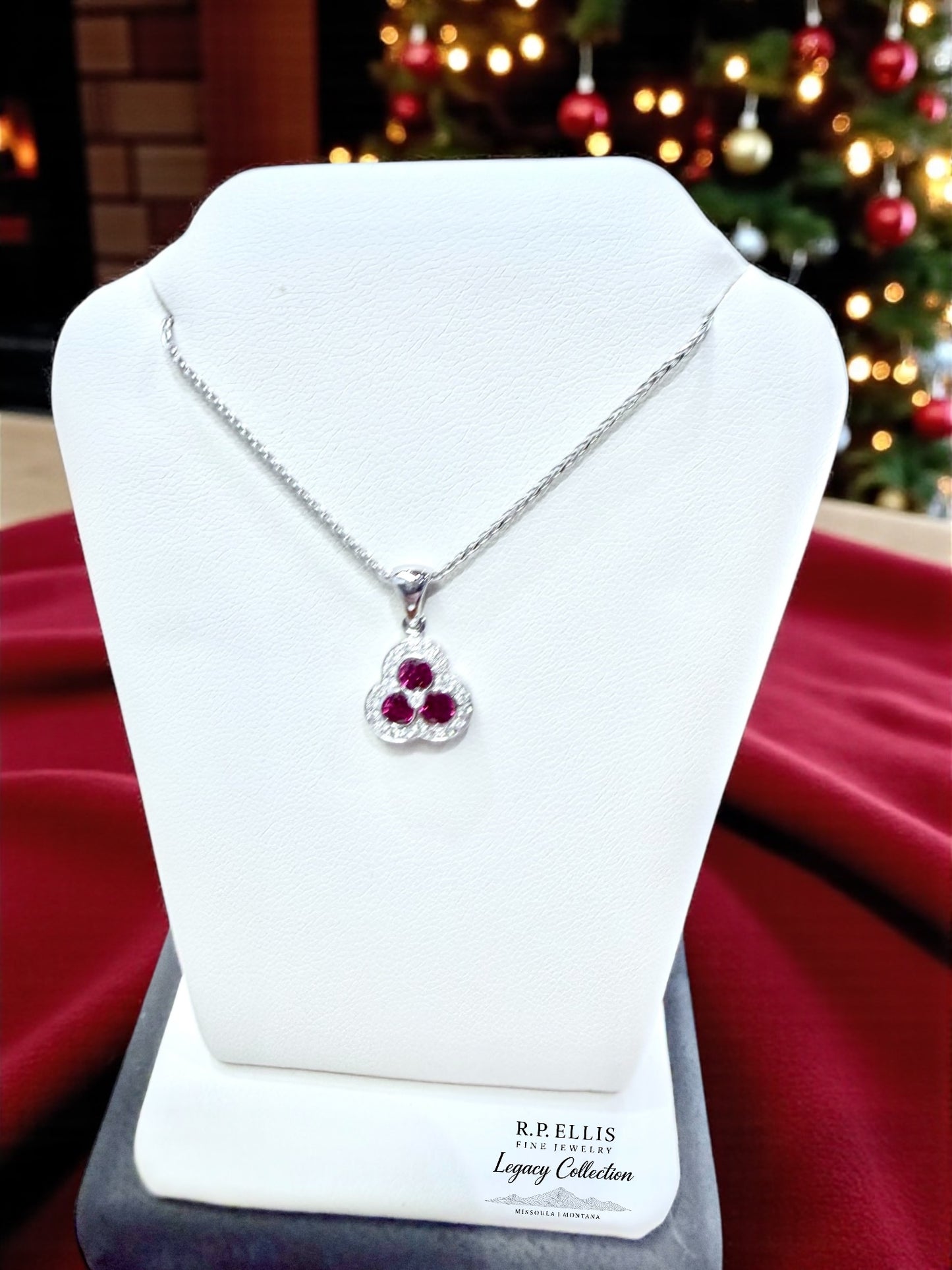 14K White Gold Ruby & Diamond Clover Pendant