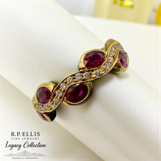 18K Yellow Gold Ruby & Diamond Wave Band