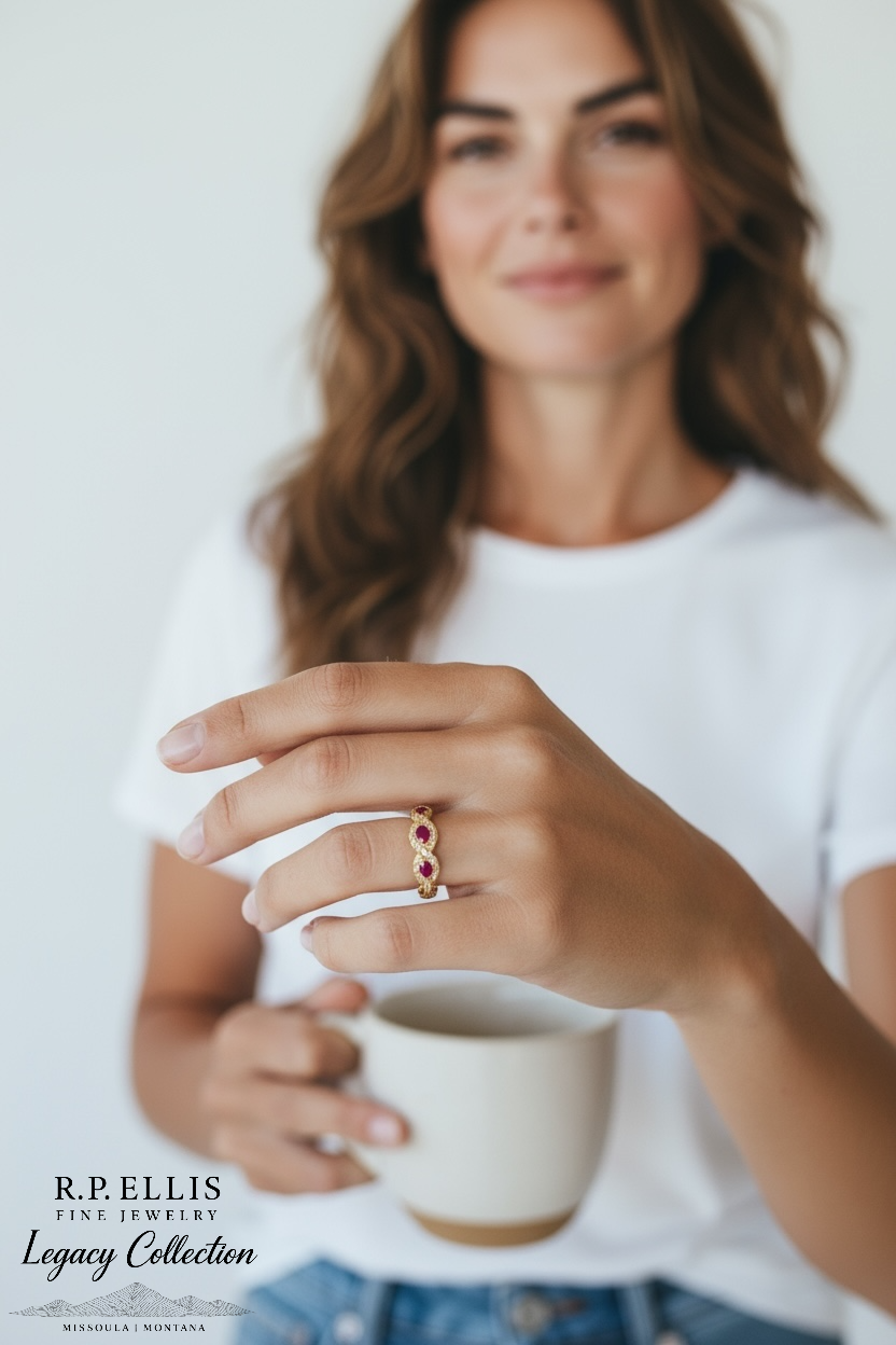 18K Yellow Gold Ruby & Diamond Wave Band