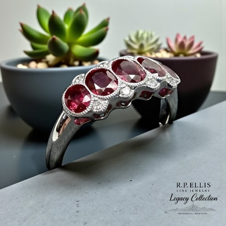 Five-Oval Ruby & Diamond Milgrain Band