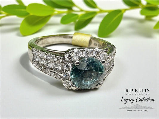 Teal Sapphire and Diamond Double Halo Ring