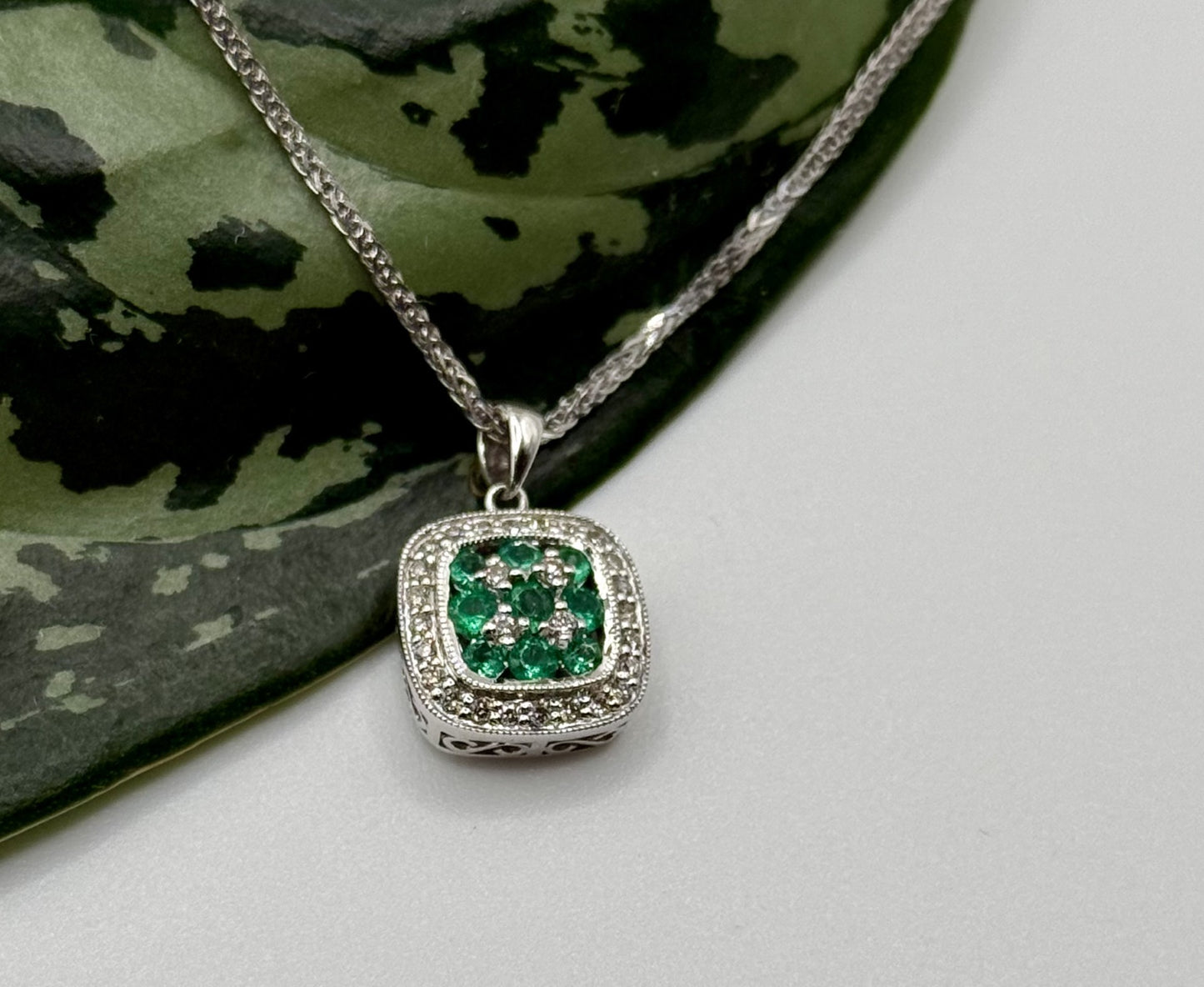 Emerald and Diamond Pendant on White Gold
