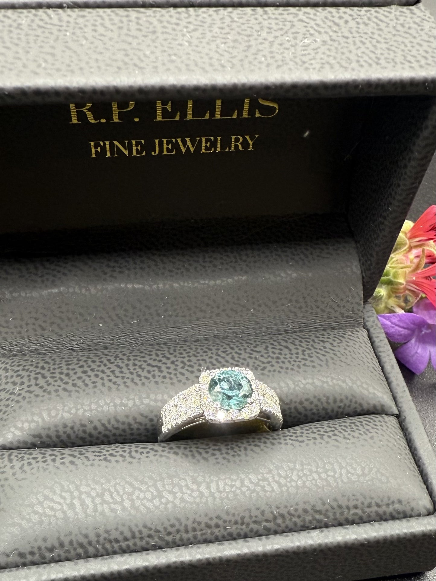 Teal Sapphire and Diamond Double Halo Ring