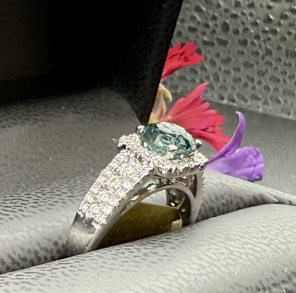 Teal Sapphire and Diamond Double Halo Ring
