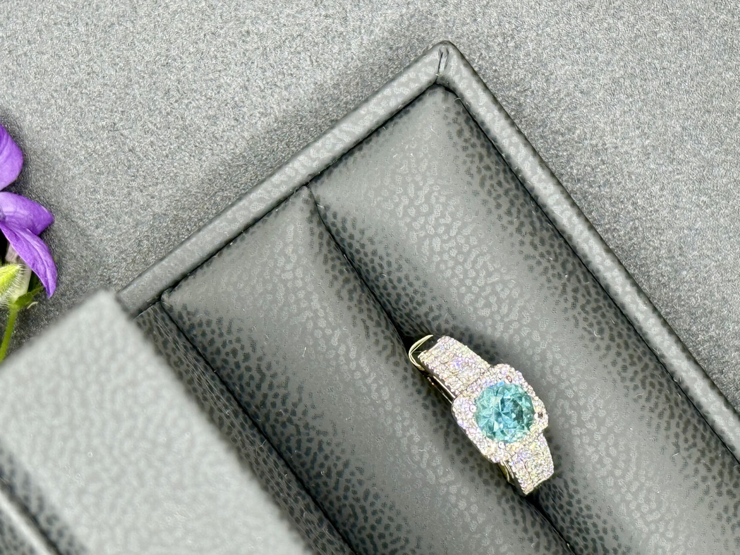 Teal Sapphire and Diamond Double Halo Ring